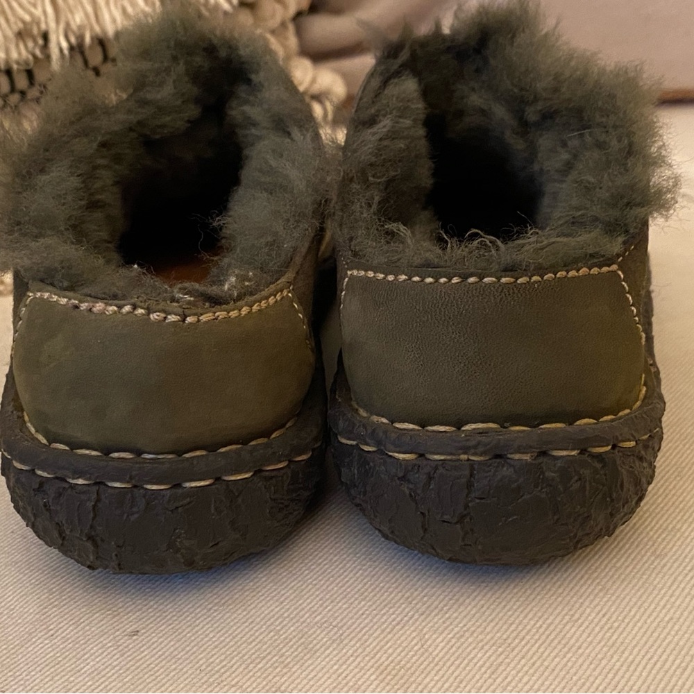 Born Olive Green Suede Shearling-Lined Clog Mules with Brown Lace Accents - Picture 7 of 7